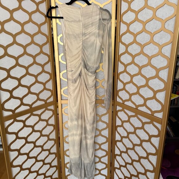Zara Size M Beige & Gray Tie Dye Printed Tulle Ruched One Shoulder Maxi Dress - Picture 7 of 16